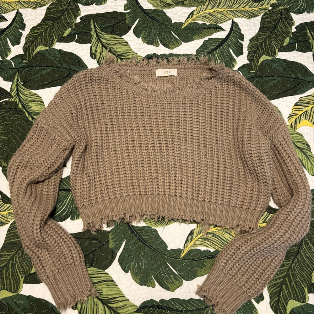 Lucca Couture Taupe Frayed Knit Sweater